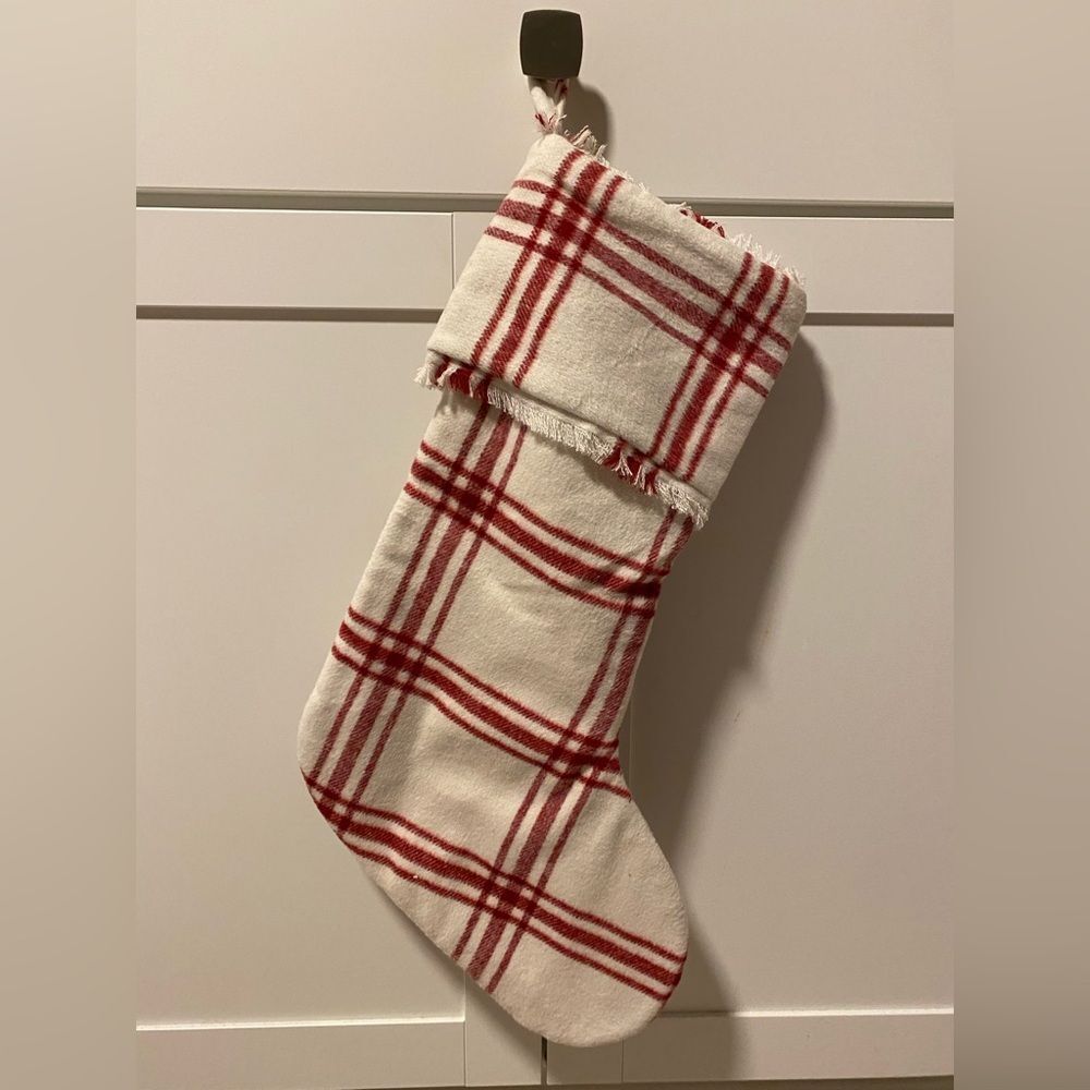 Martha Stewart Cream and Cranberry Plaid Christmas Stocking with Frayed Edges